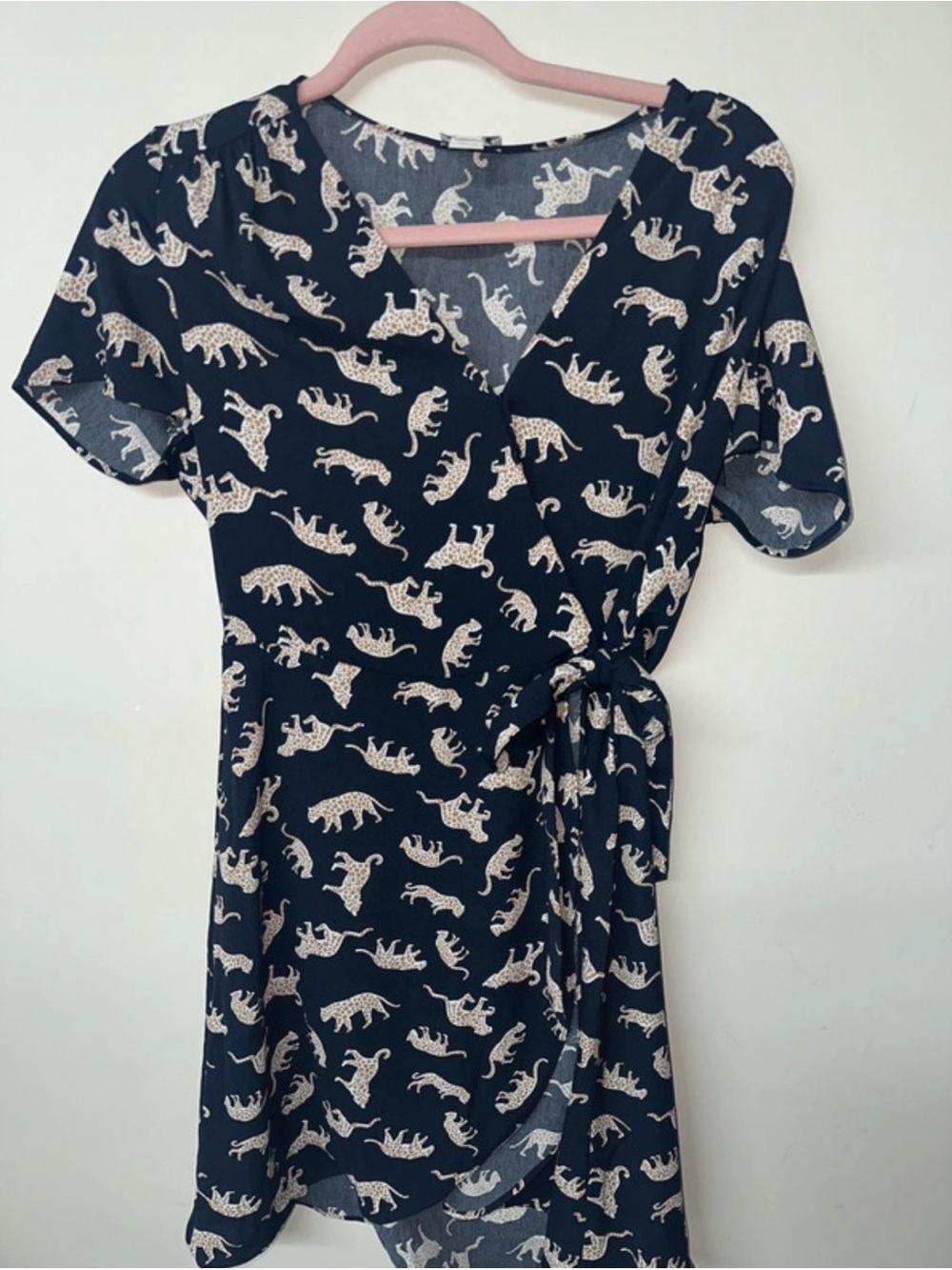 J. Crew Navy Wrap Midi Dress with Cream Leopard Print